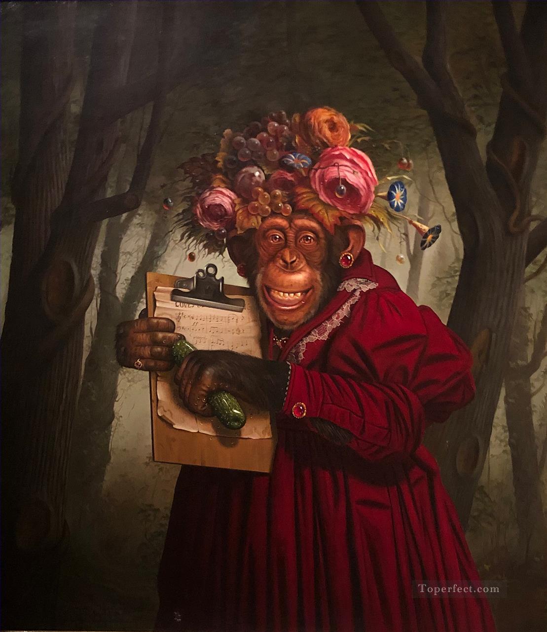 monkey in clothes holding music scroe Oil Paintings